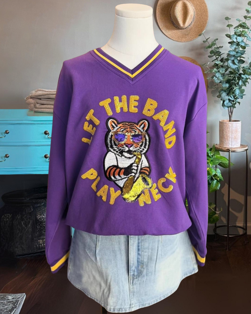 Let the Band Play Neck Sequin V-neck Sweatshirt