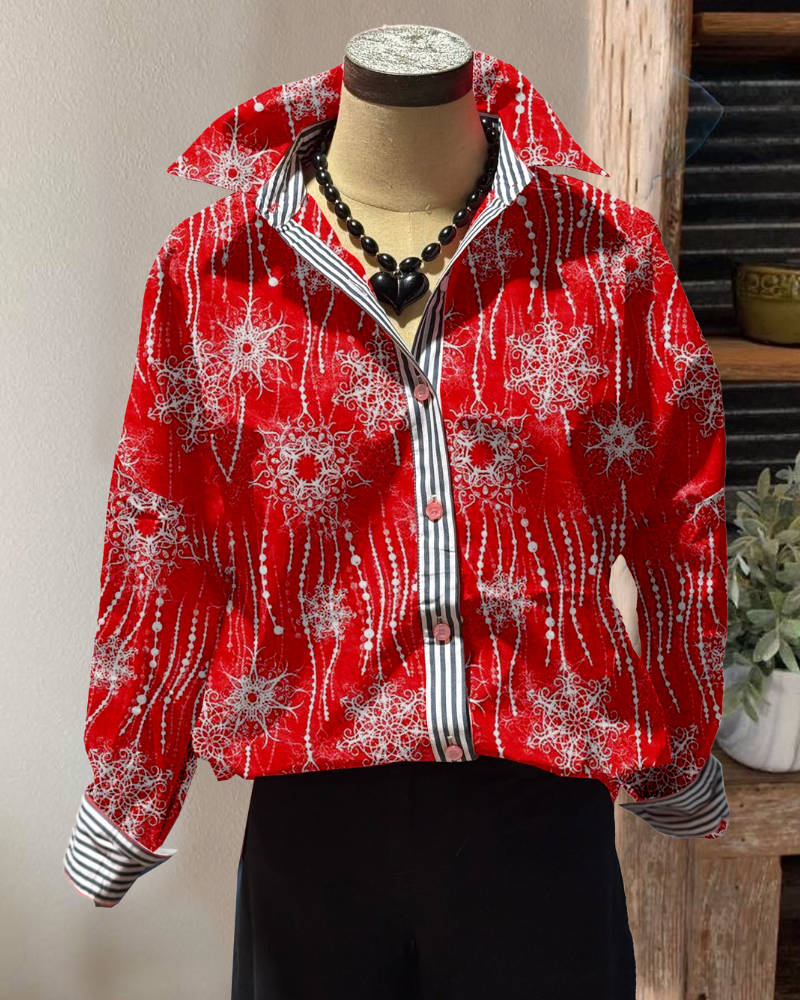 Christmas Snowflake Striped Satin Shirt