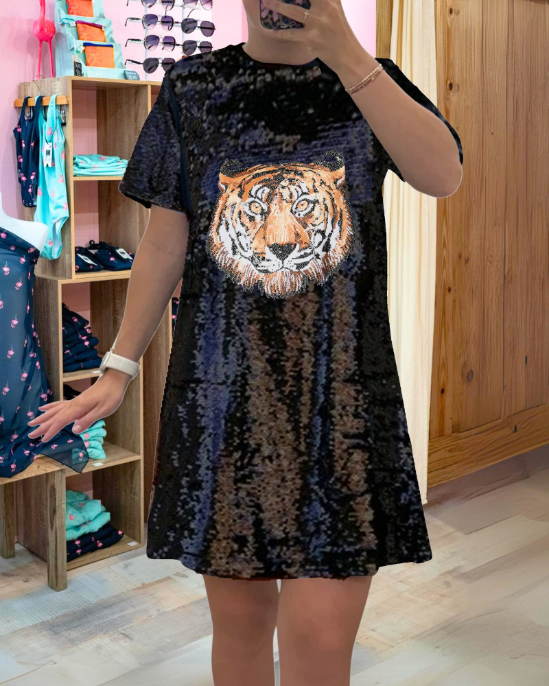 Shiny Tiger Sequined Crewneck Dress