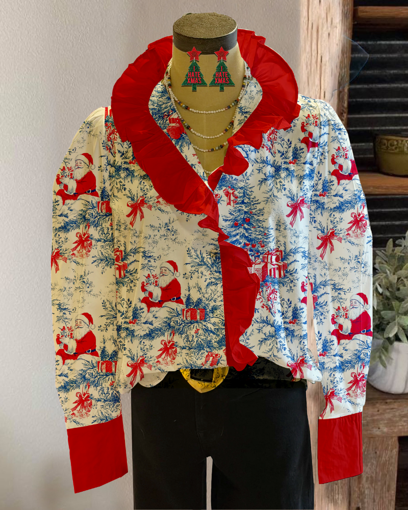 Christmas Themed Ruffled Satin Top