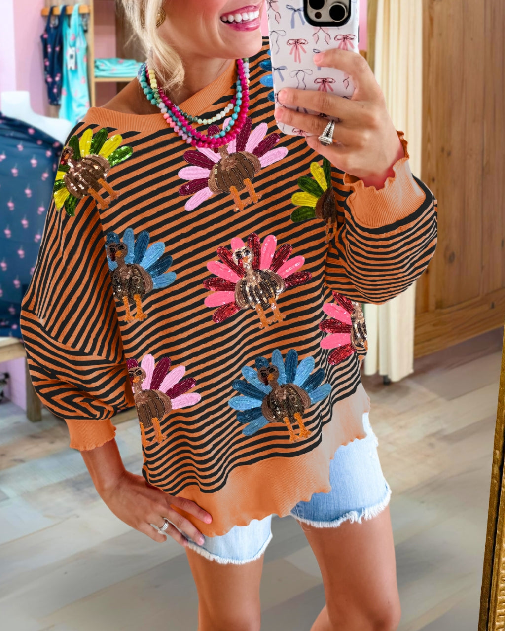 Colorful Turkey Sequin Stripe Sweatshirt