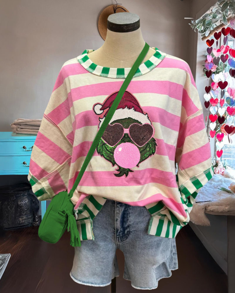 Christmas Sequin Cartoon Striped Top