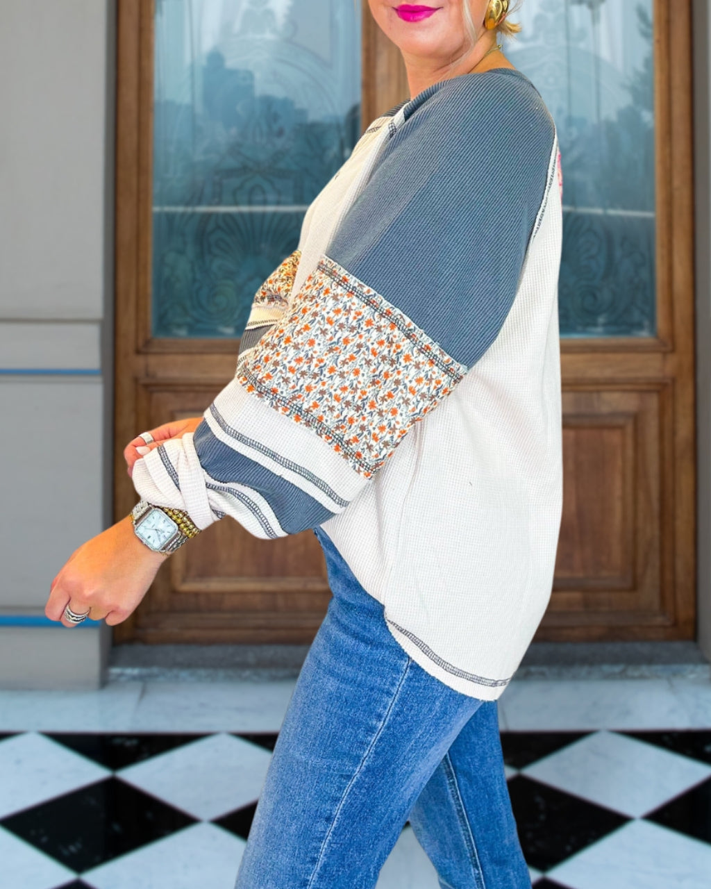 Floral Patchwork Sleeve Boho Top