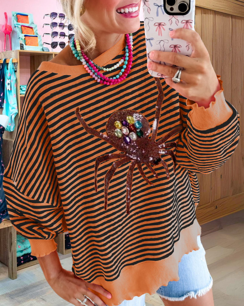 Oversized Spider Sequined Stripe Sweatshirt
