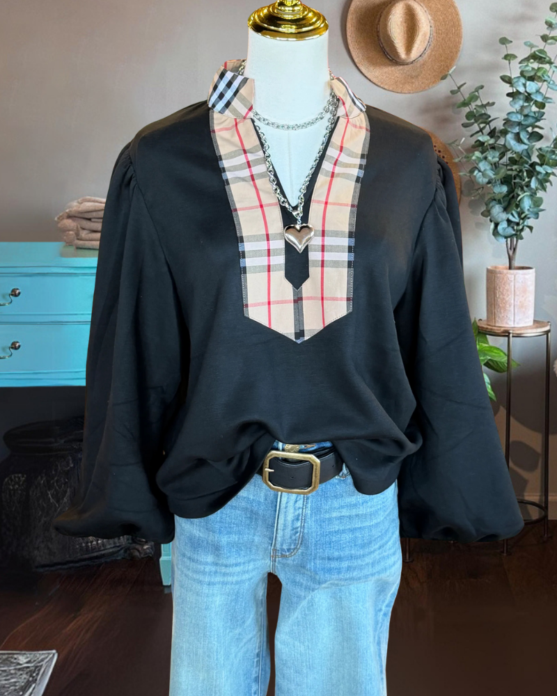 Simple Plaid Trim V-neck Top