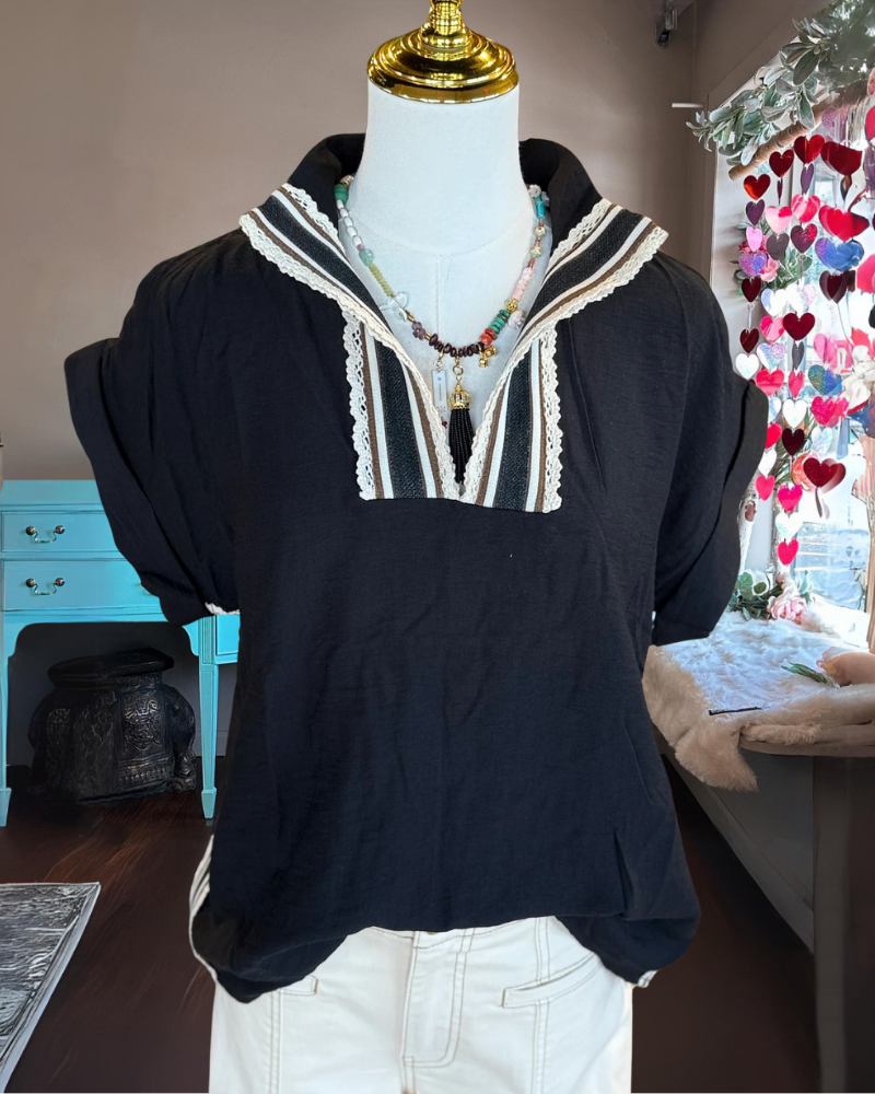 Chic Striped Trim V-neck Top