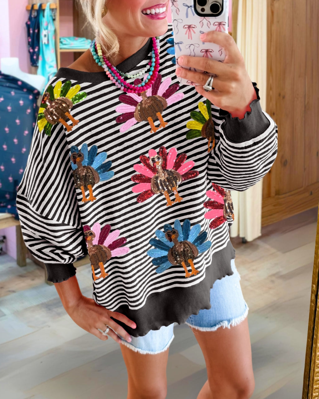 Colorful Turkey Sequin Stripe Sweatshirt
