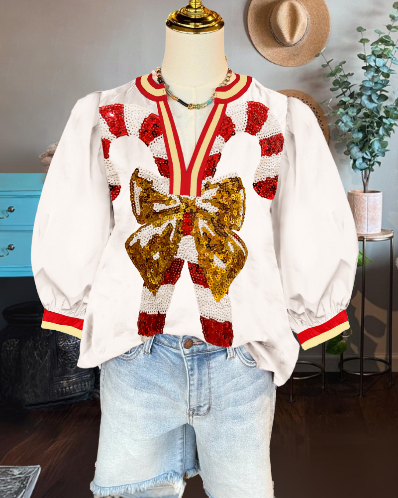 Christmas Candy Bow Satin Top
