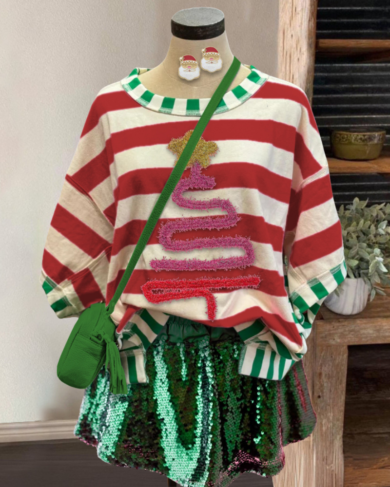 Christmas Tree Star Striped T-shirt