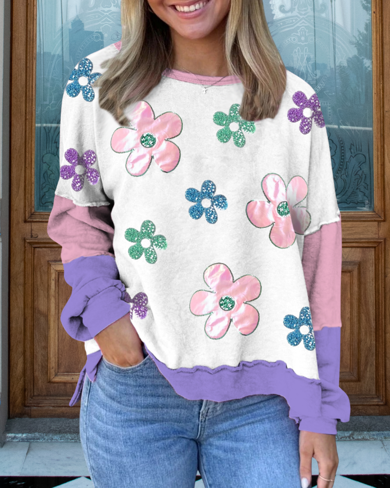 Sparkling Floral Sequin Patch Sweatshirt