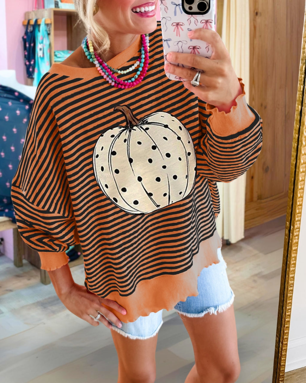 Pumpkin Oversized Striped Pullover