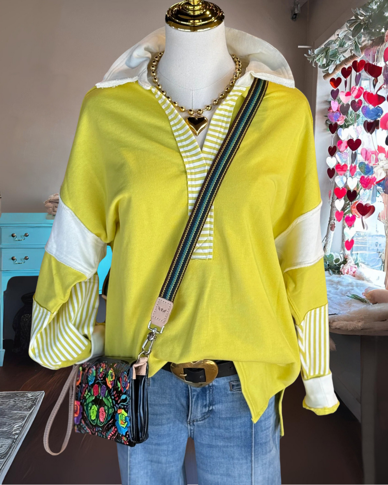 Striped Trim Half-Open Collar Pullover