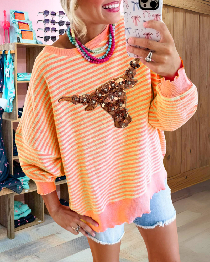 Unique Cow Sequin Striped Sweatshirt