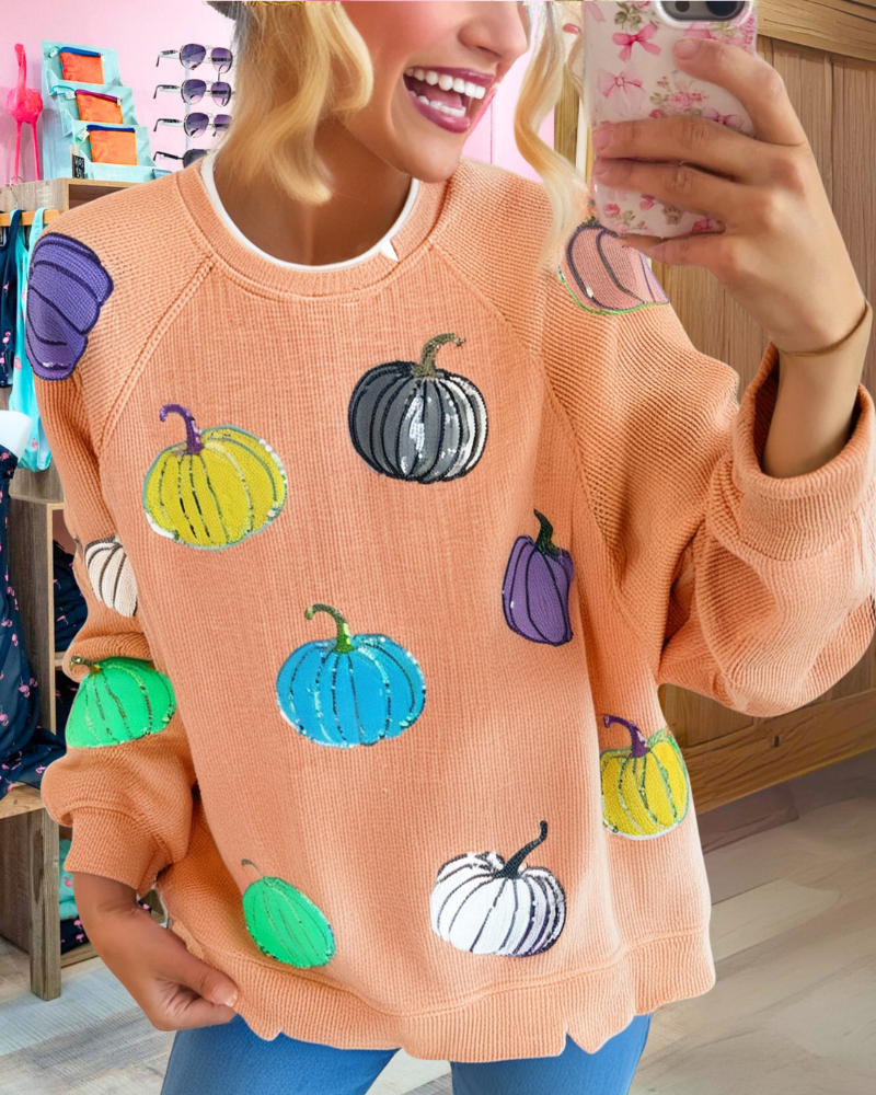 Pumpkin Sequin Ribbed Sweater
