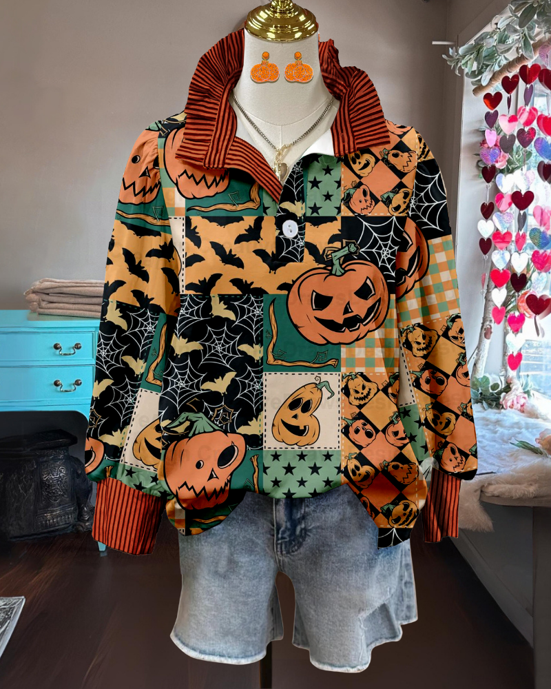 Playful Bat Pumpkin Ruffle Top