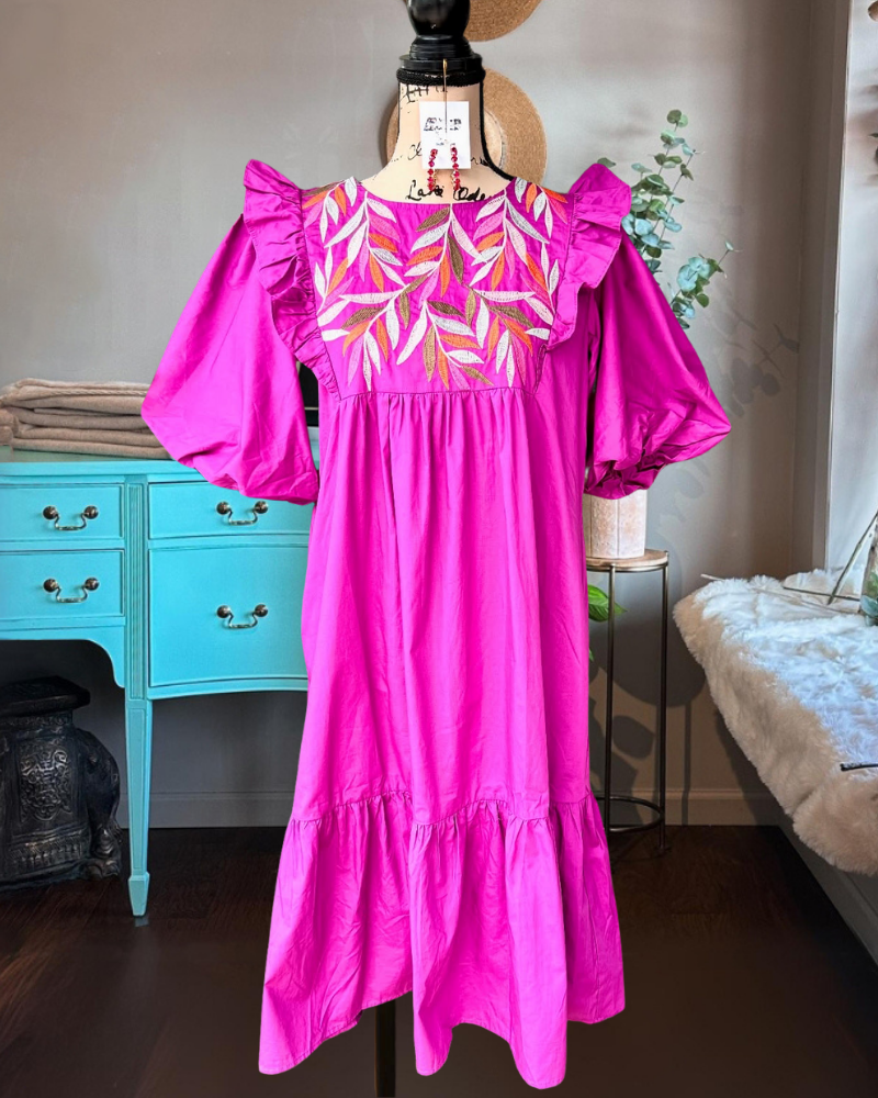 Ruffle Flower Embroidered Smock Dress