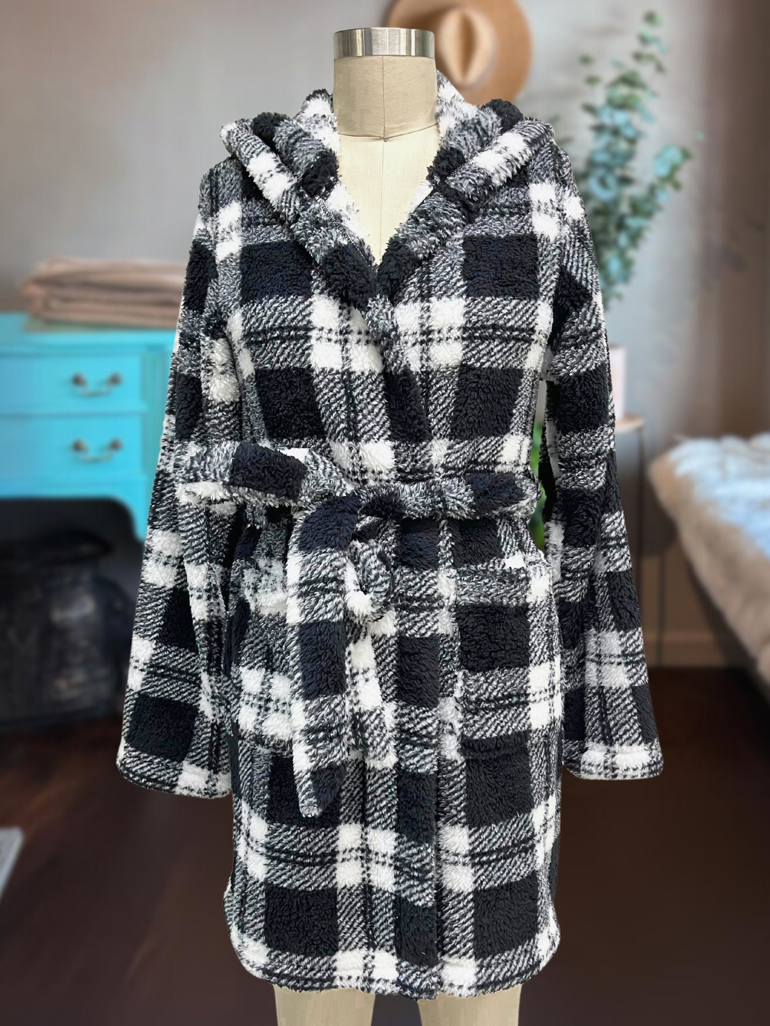 Plush Hooded Robe Plaid
