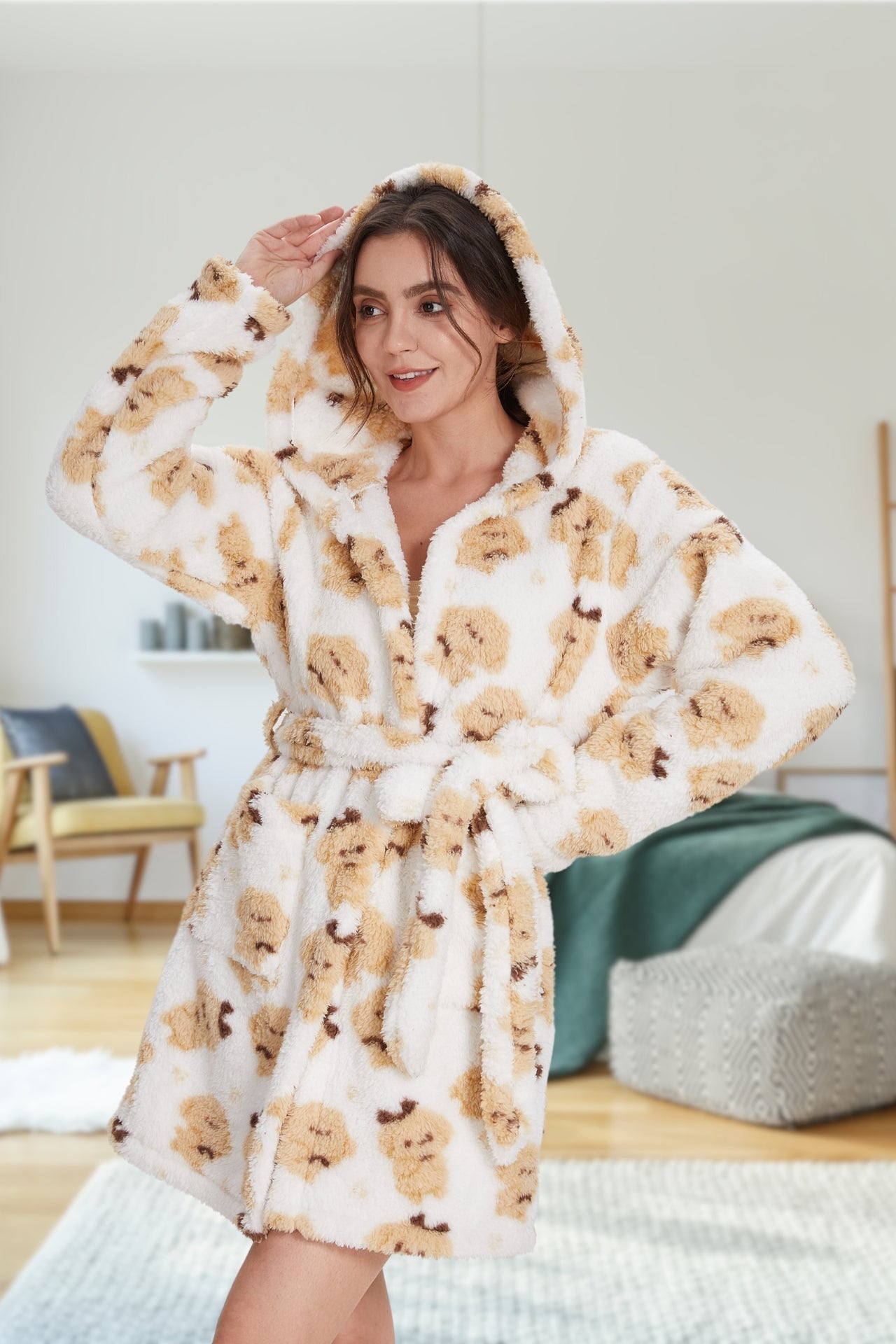 Plush Hooded Robe Puppy Pattern