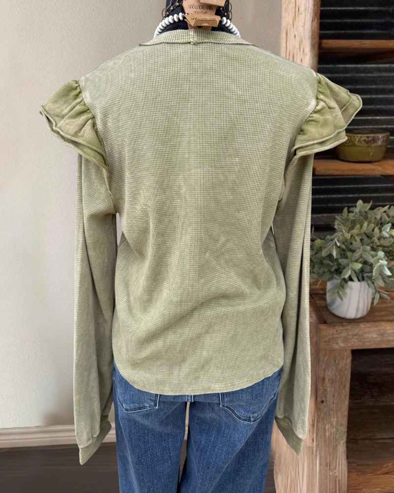Retro Ruffle Shoulder Waffle Top