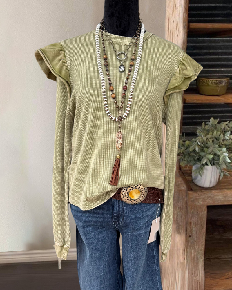 Retro Ruffle Shoulder Waffle Top