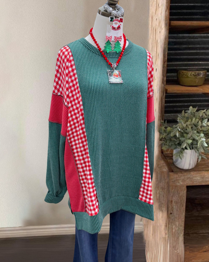 Plaid Ribbed Color-Block Top