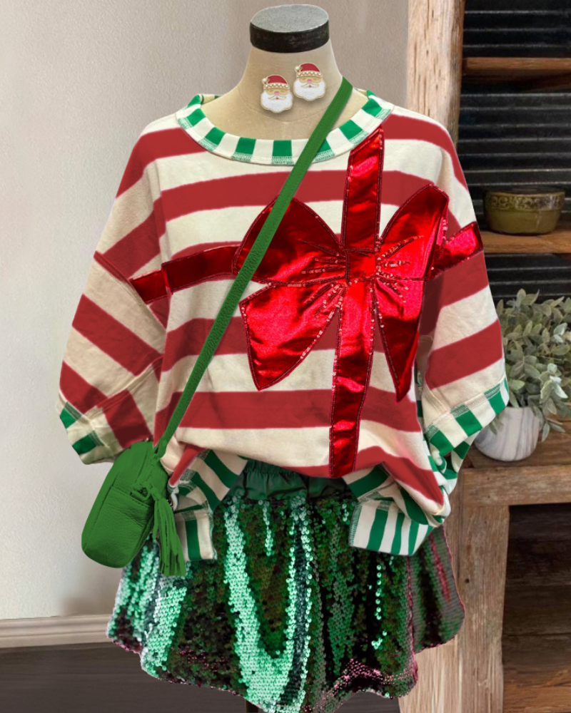 Christmas Bow Patch Striped Top