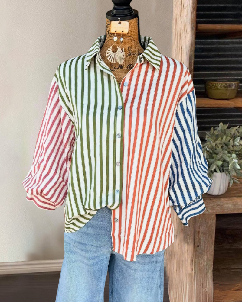 Casual Color-Block Striped Shirt