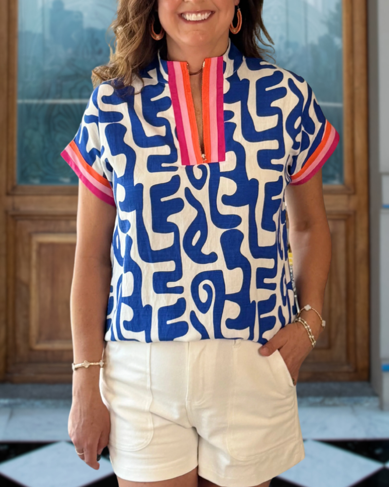 Striped Trim Abstract Print Top