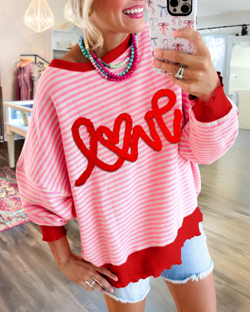 Love Embroidered Striped Sweatshirt