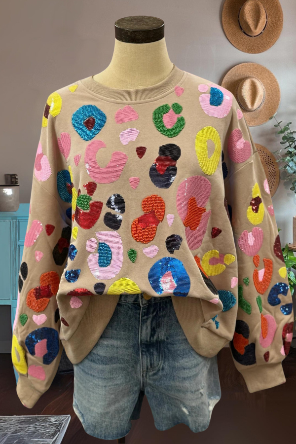 Sequin Leopard Print Puff Sleeve Open Front Slim Fit Coat main image 1