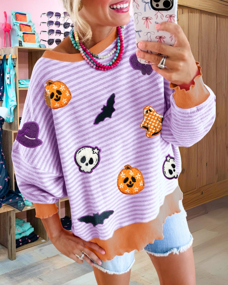 Playful Halloween Embroidered Striped Sweatshirt