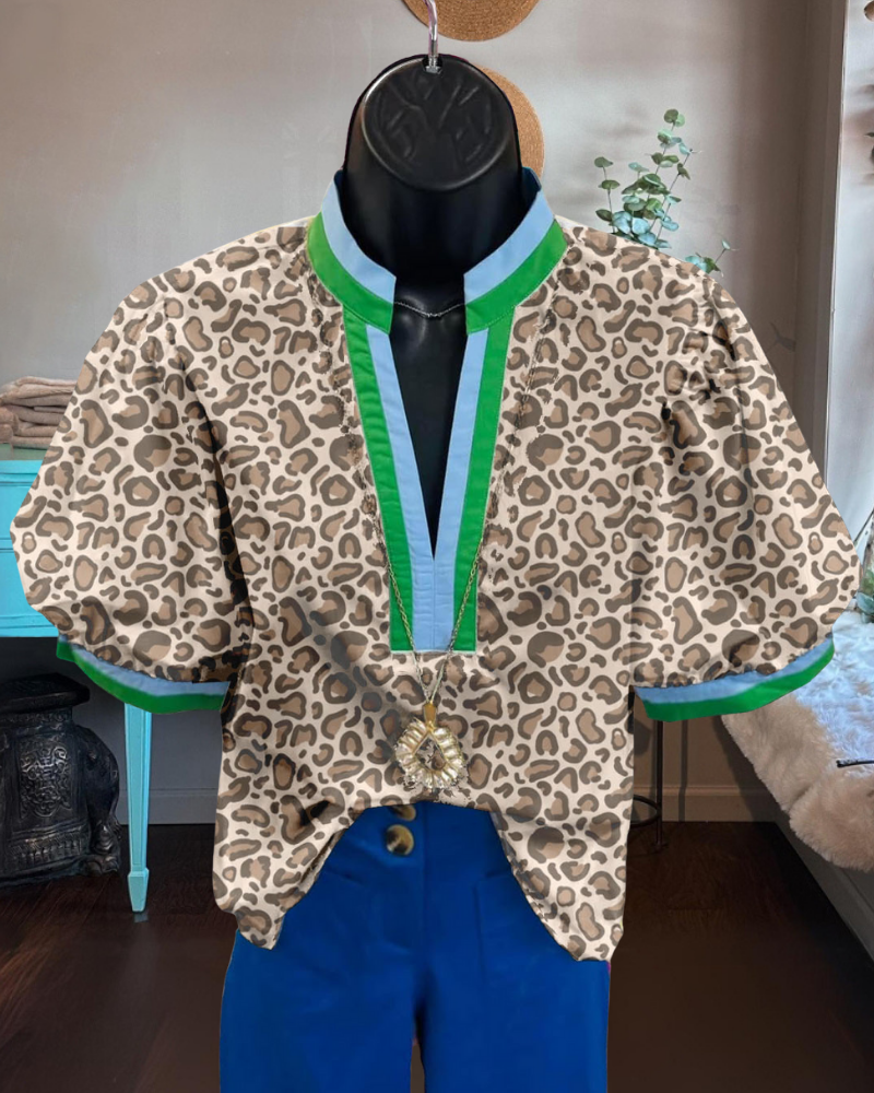 Stylish Leopard Stripe Trim V-Neck Top