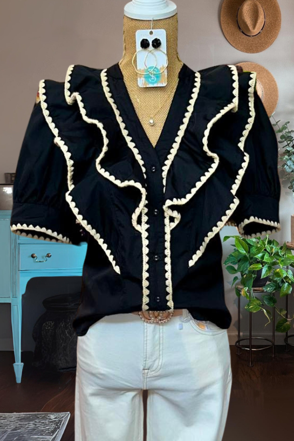 Ruffled Button V-Neck Top
