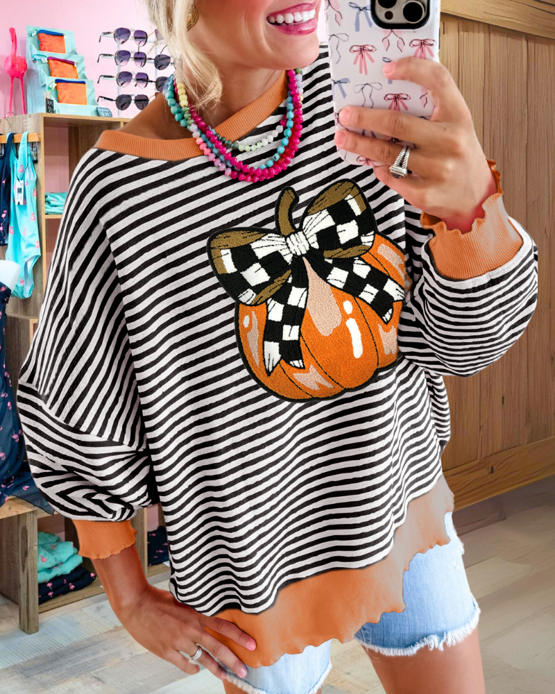 Pumpkin Bow Embroidered Striped Sweatshirt