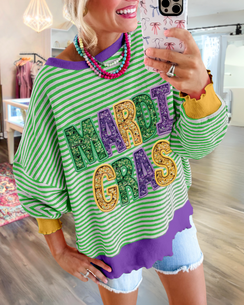Mardi Gras Embroidered Striped Sweatshirt
