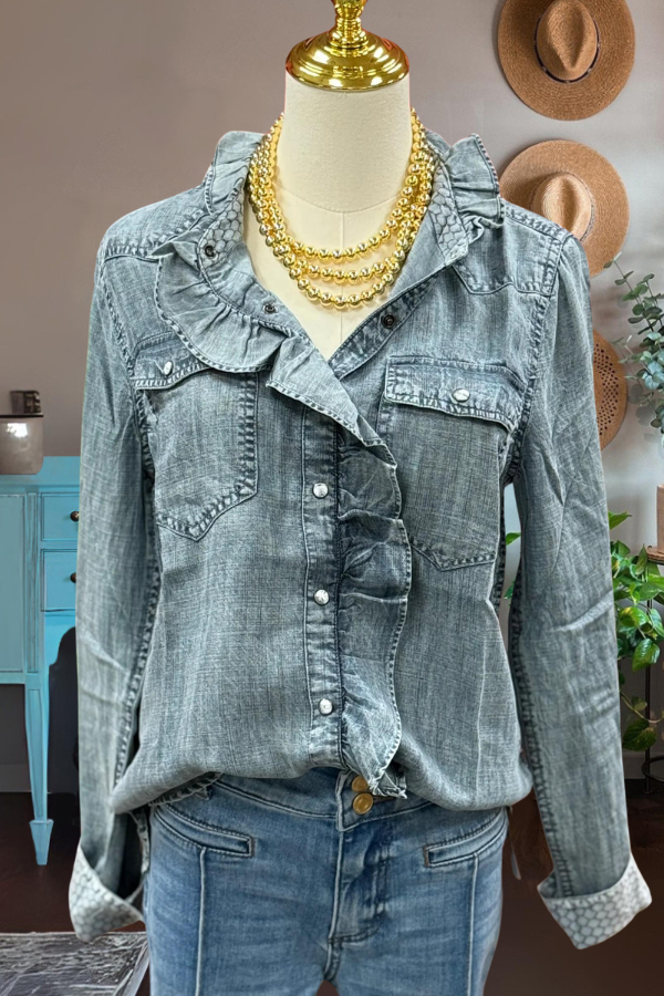Ruffle Distressed Denim Shirt