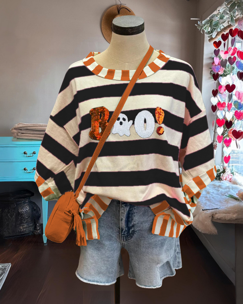 Sequin Boo Halloween Striped Top