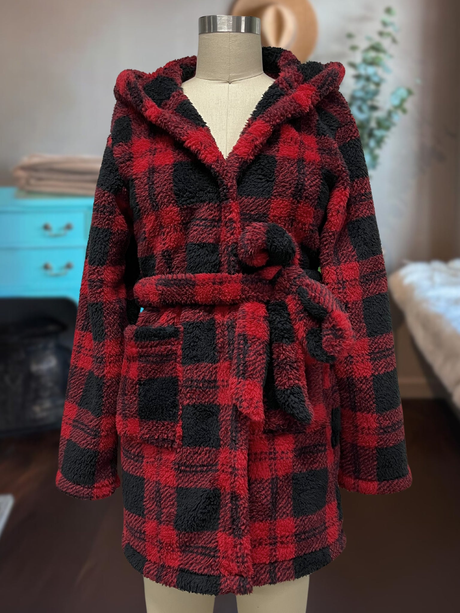 Plush Hooded Robe Plaid