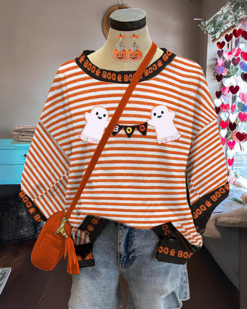 BOO ghost embroidered striped top