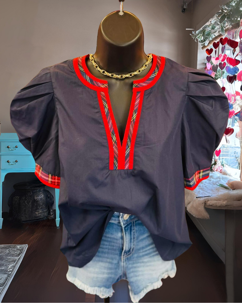 Contrast Stripe Puff Sleeve Top