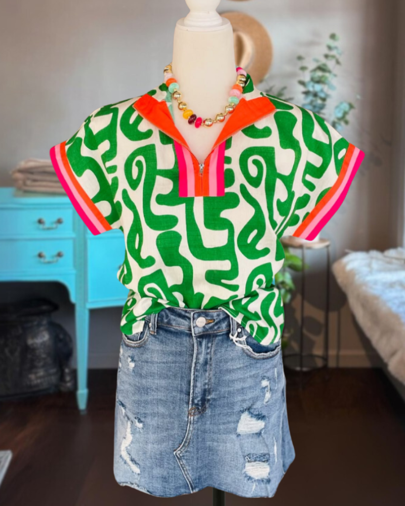 Striped Trim Abstract Print Top