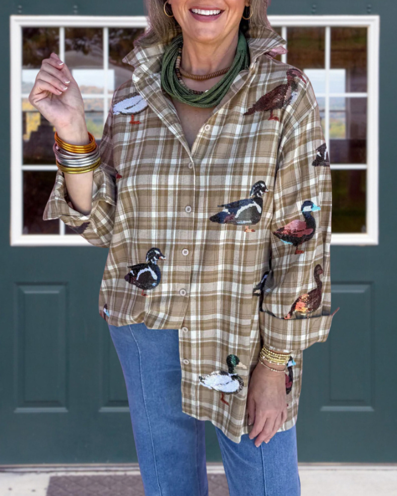 Casual Duck Sequined Plaid Shirt