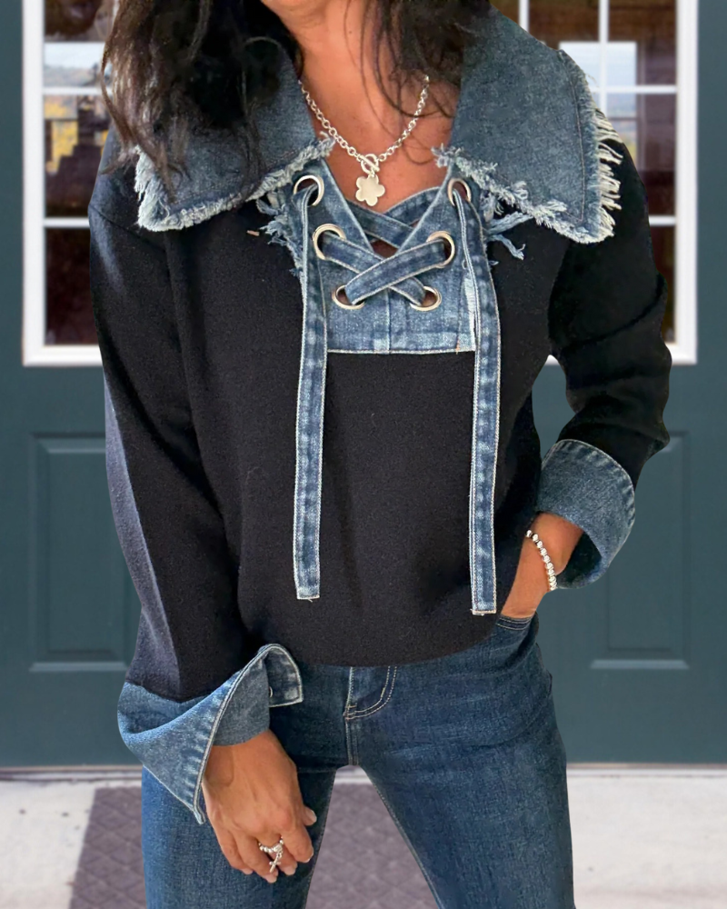 Unique Denim Paneled Tie Top