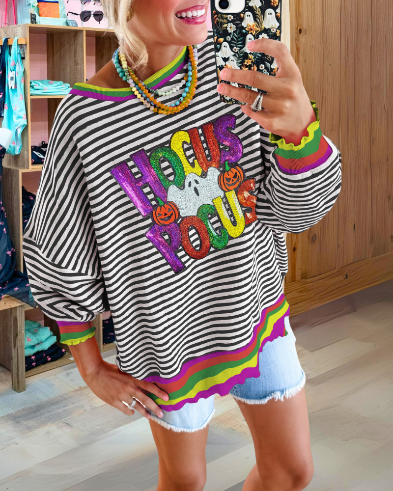 Fun Halloween Themed Sequin Striped Sweatshirt