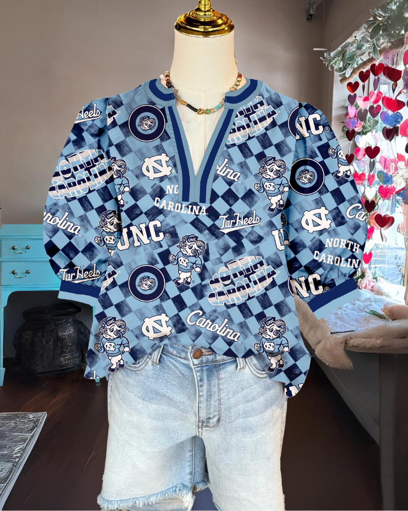 UNC Carolina Puff Sleeve Satin Top