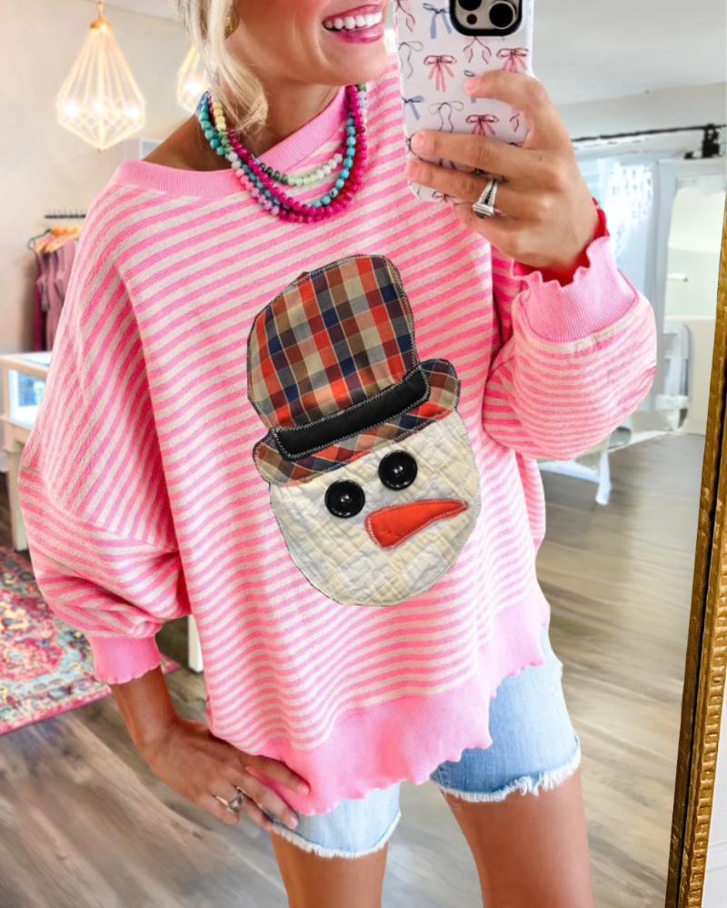 Snowman Embroidered Striped Sweatshirt