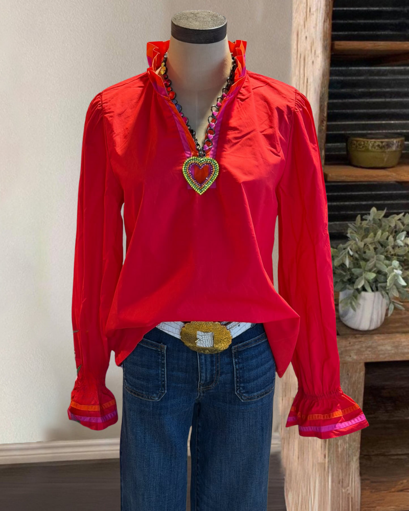 Striped Ruffled V-Neck Blouse