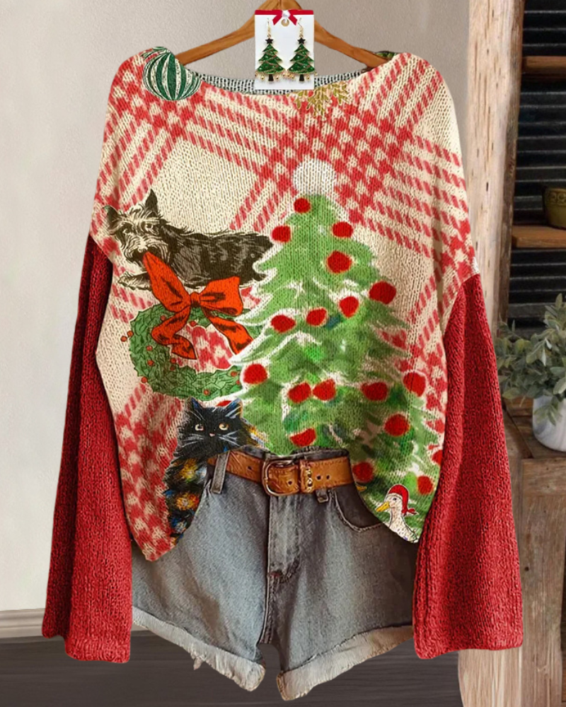 Christmas Tree Cat Plaid Pullover