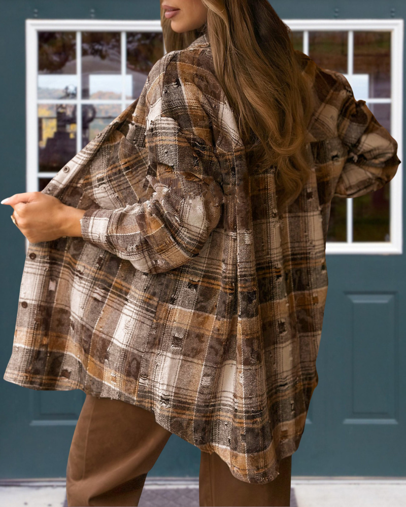 Brushed Plaid Lapel Shirt Jacket