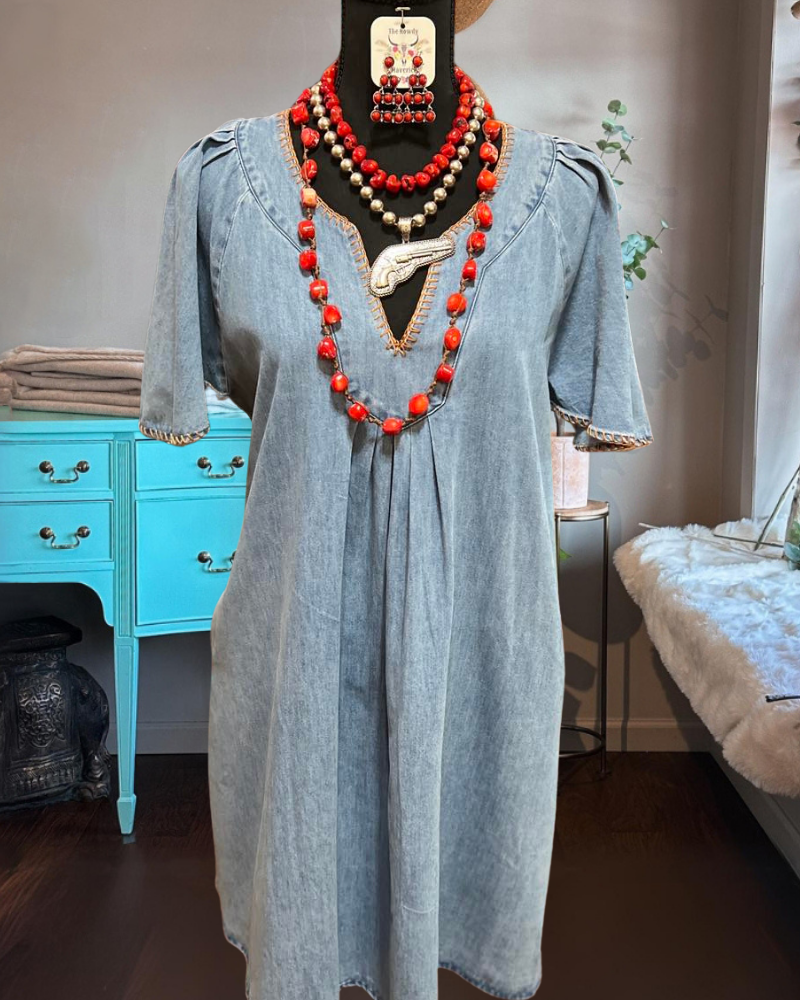 Stitched Trim Denim Dress